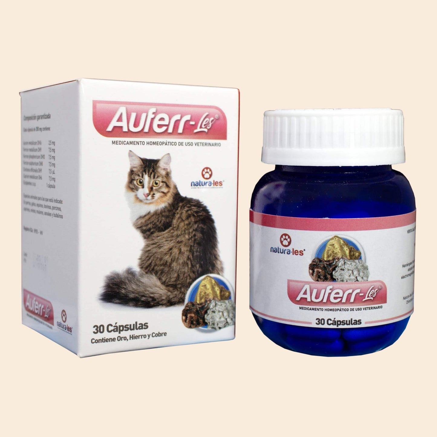 Frasco de AUFERR-LES de Natura-les, cápsulas homeopáticas para tratar cuadros de anemia y fortalecer el sistema inmune en mascotas.
