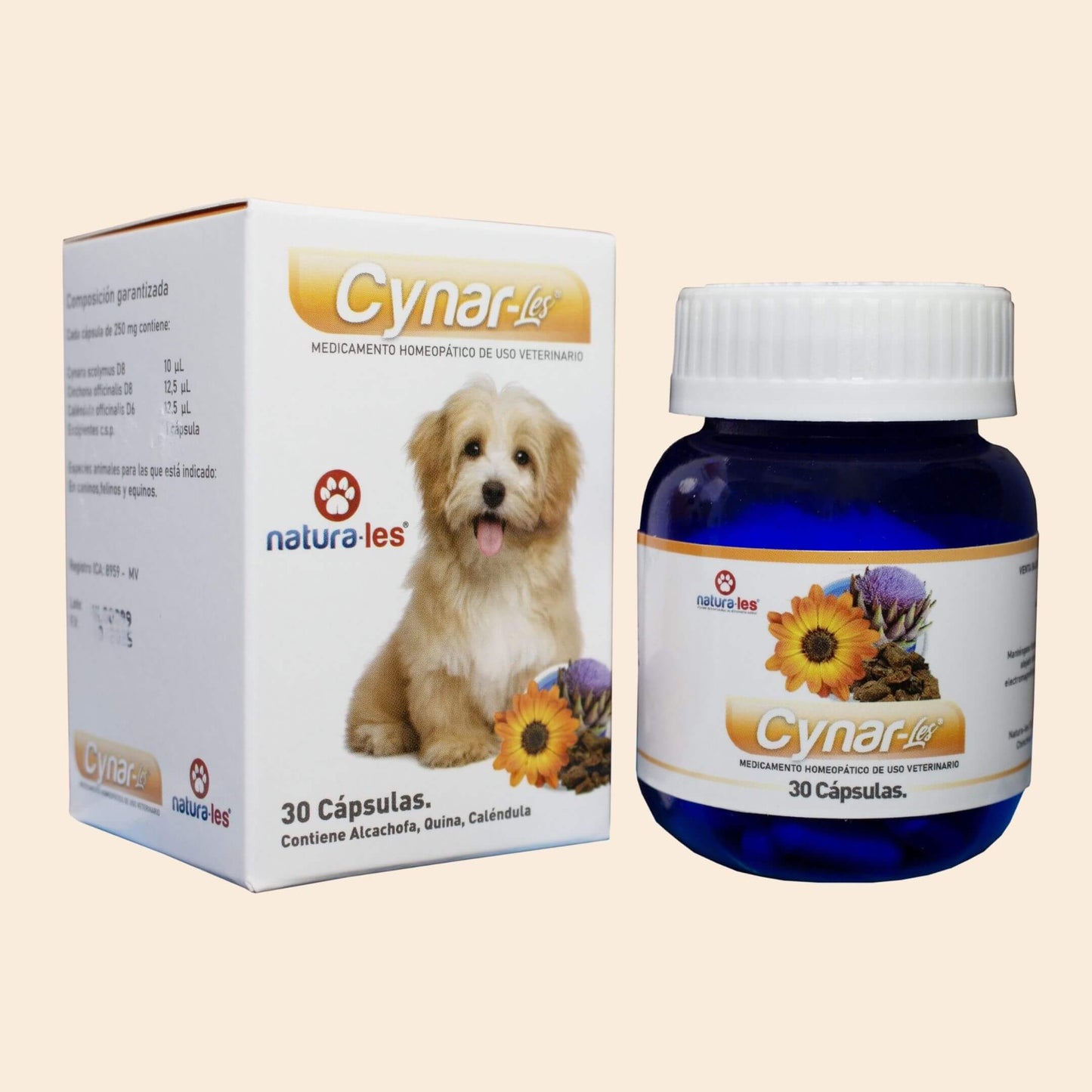 Frasco de CYNAR-LES de Natura-les, cápsulas naturales para apoyar la función hepática y detoxificar el organismo de perros, gatos y caballos.