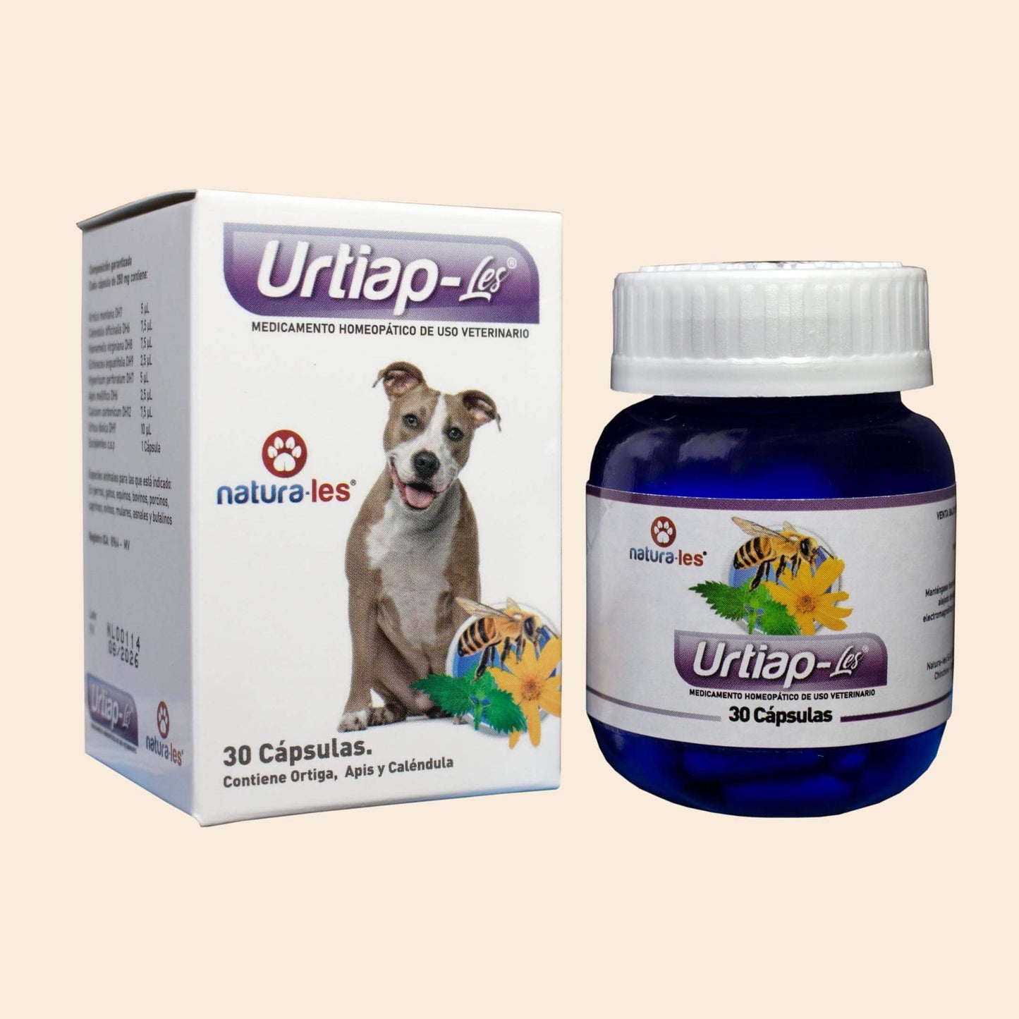 Frasco de URTIAP-LES de Natura-les, tratamiento alternativo para afecciones dermatológicas como urticarias, picazón y alergias en perros y gatos.