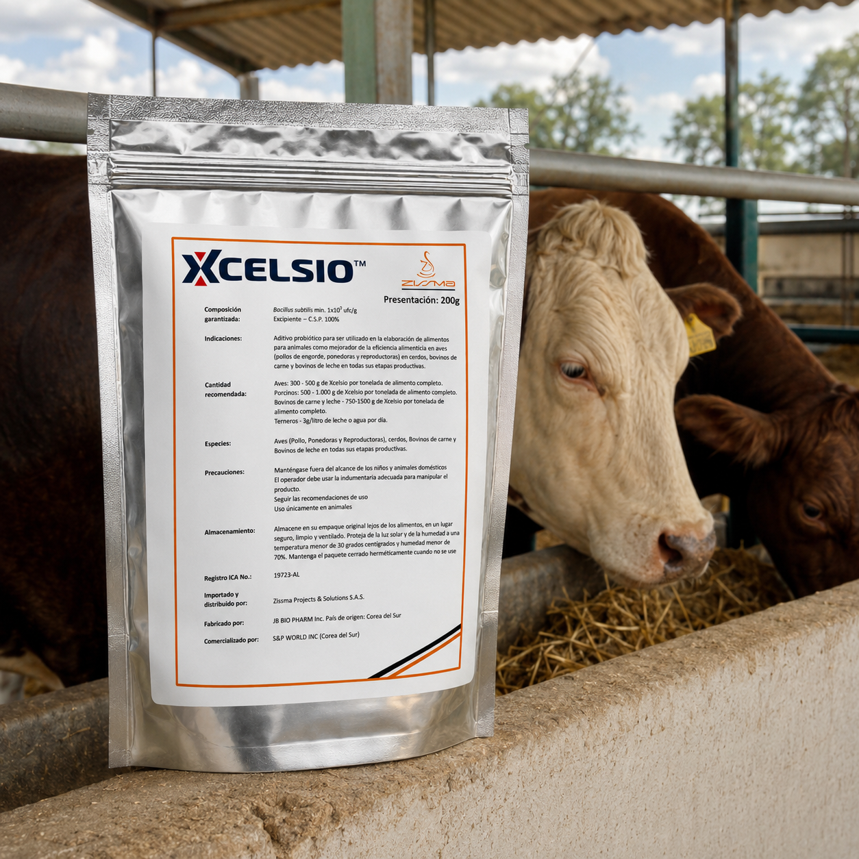 Xcelsio probiótico animal 200g Bacillus subtilis fondo blanco