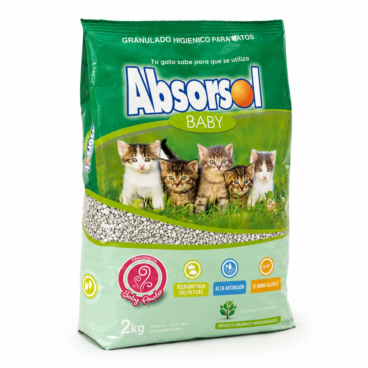Arena para gatos Absorsol Baby fragancia baby powder 2kg fondo blanco
