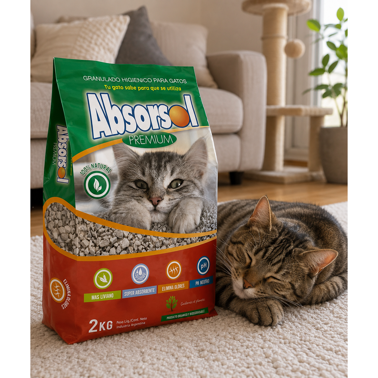 Arena para gatos Absorsol Premium 2kg lifestyle gato descansando