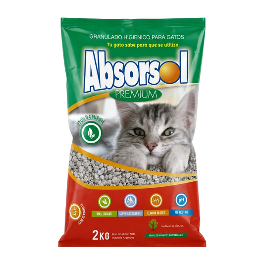 Arena para gatos Absorsol Premium 100% natural 2kg fondo blanco