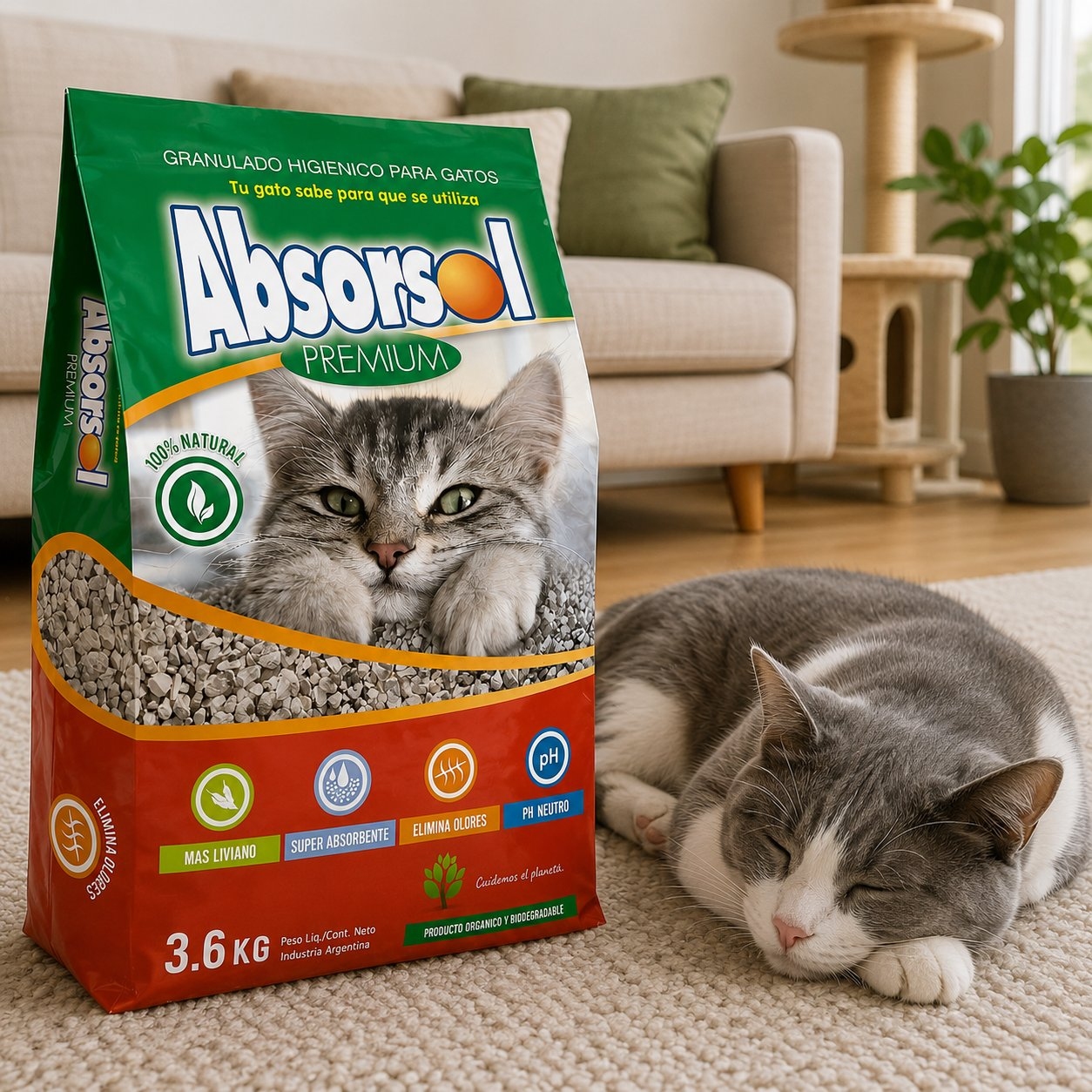 Arena para gatos Absorsol Premium 3.6kg lifestyle gato en casa