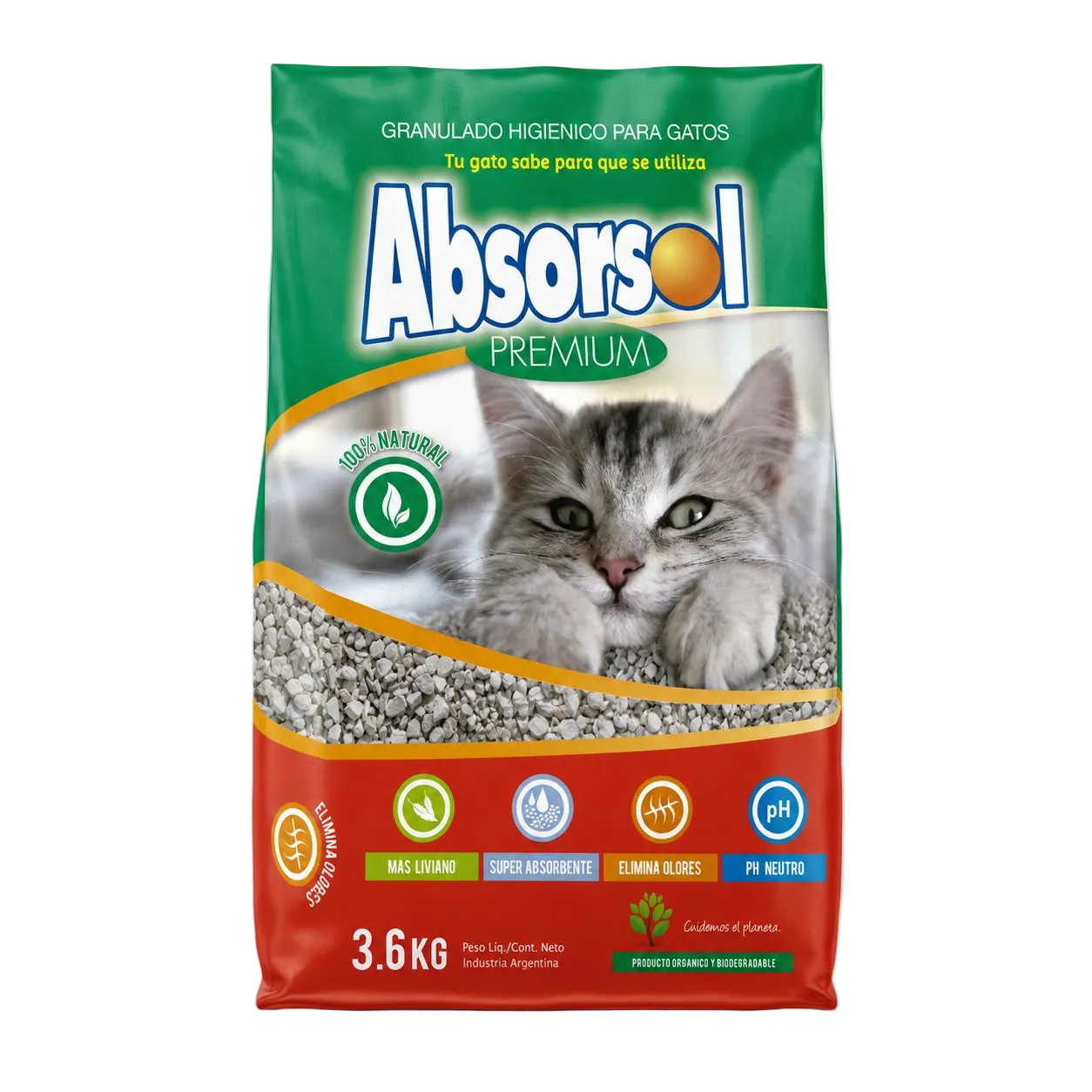 Arena para gatos Absorsol Premium 100% natural 3.6kg fondo blanco