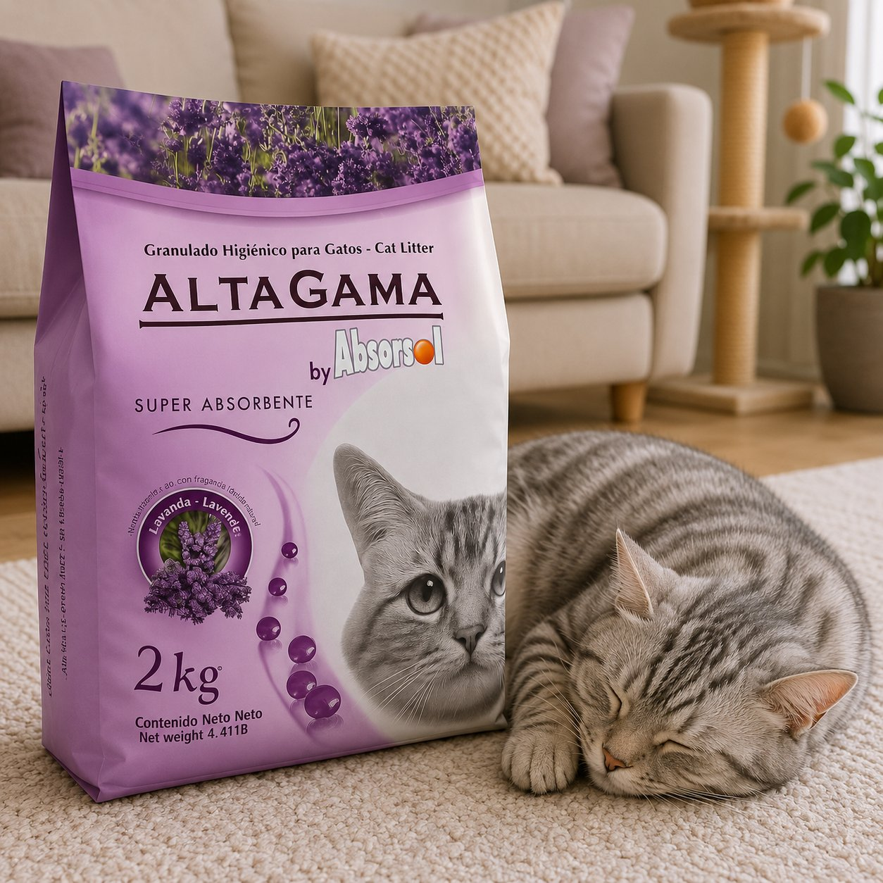 Arena para gatos Altagama Lavanda lifestyle gato con bandeja sanitaria lavanda