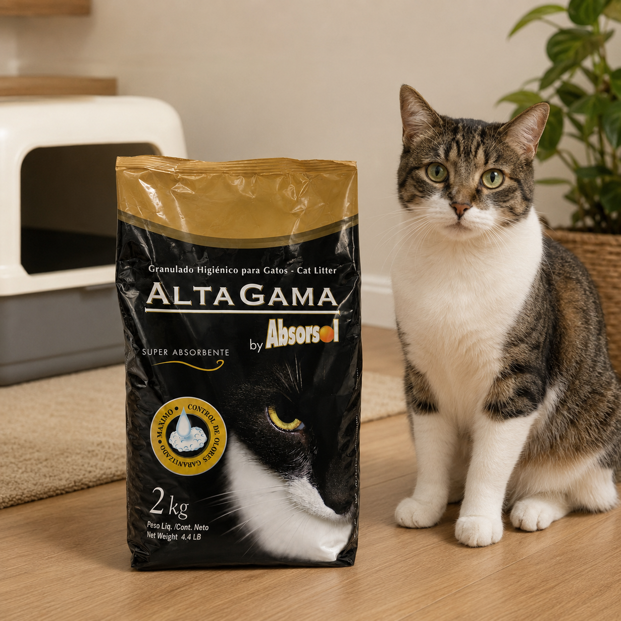Arena para gatos Altagama Natural 2kg lifestyle gato con bandeja sanitaria