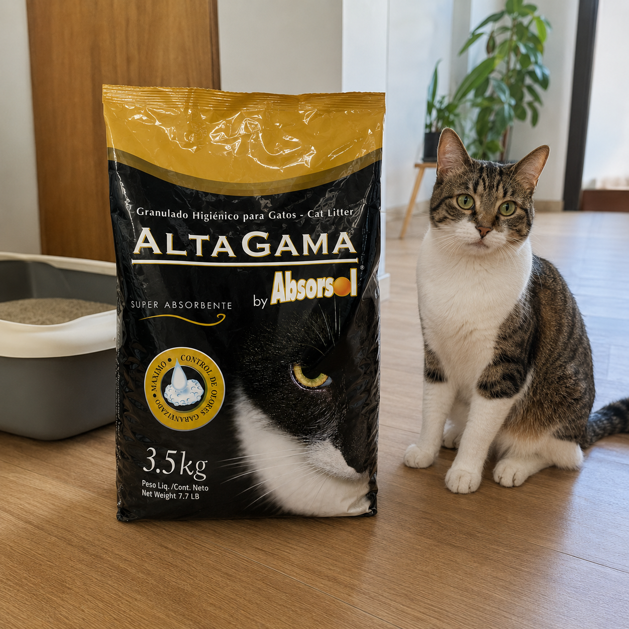 Arena para gatos Altagama Natural 3.5kg lifestyle gato con bandeja sanitaria