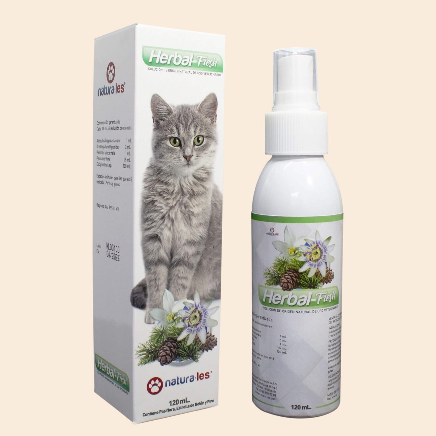 Frasco de Herbal Fresh de Natura-les, Loción de origen natural para caninos y felinos de agradable y relajante aroma. Coadyuvante en los
procesos de manejo integral de herida