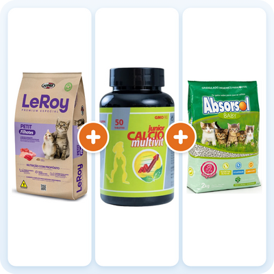 Kit Gatito – Leroy Petit 1 kg + Calcio-Multivit Junior + Arena Absorsol Baby