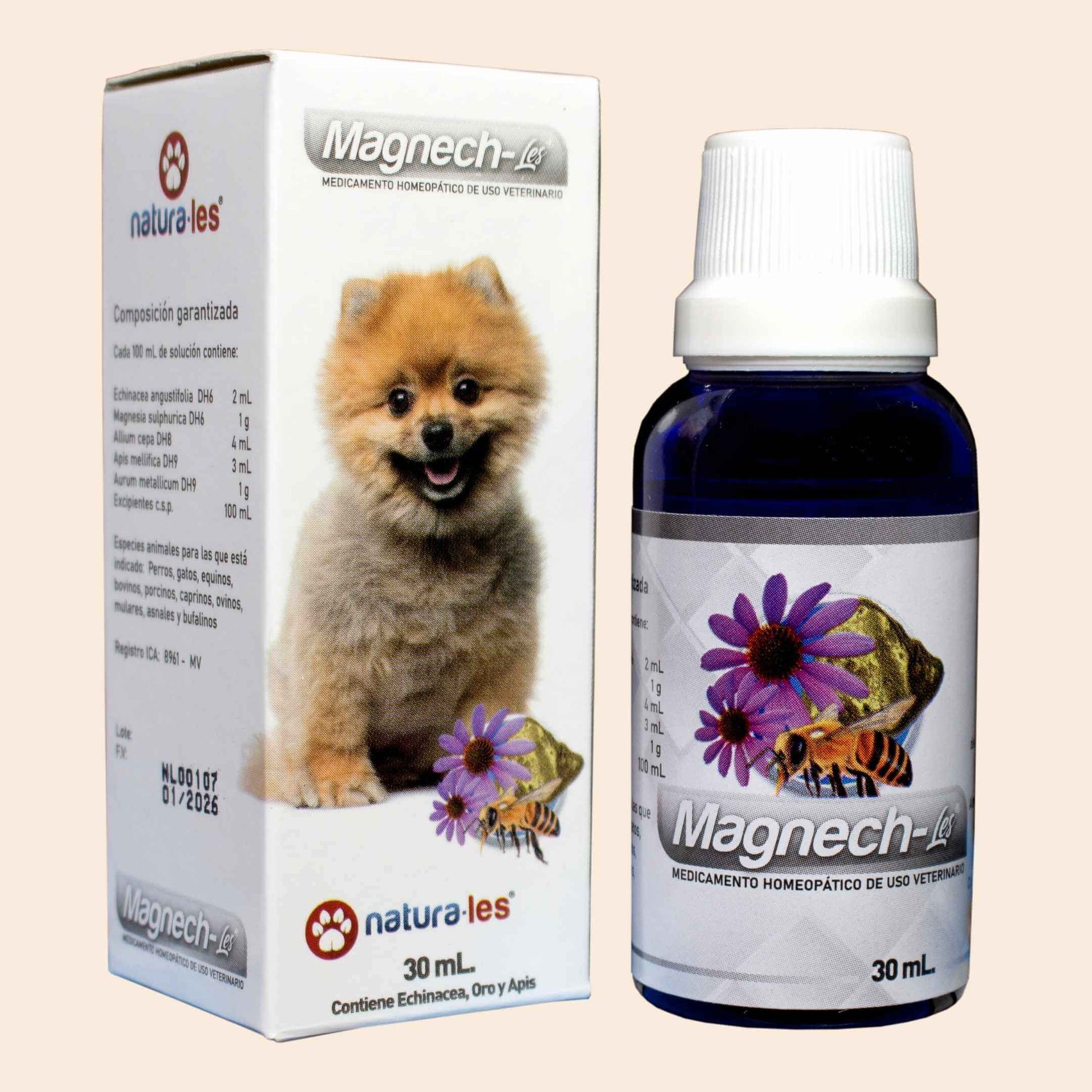 Frasco de MAGNECH-LES de Natura-Fortalecimiento el sistema de defensas previniendo los riesgos de enfermedad en aquellos procesos
patológicos en donde se vea comprometido el normal funcionamiento del sistema inmune en casos:
infecciones virales, bacterianas y micóticas, parasitismos externos, enfermedades autoinmunes,
coadyuvante en el tratamiento de procesos alérgicos