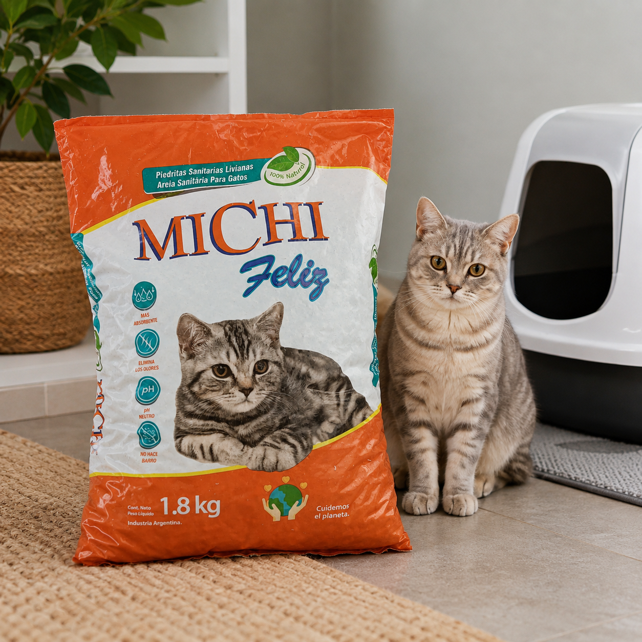 Arena para gatos Michi Feliz Natural lifestyle gato con bandeja sanitaria