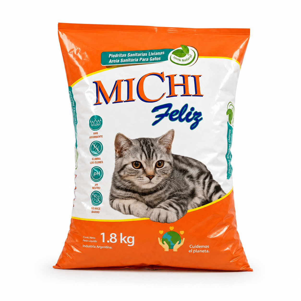Arena para gatos Michi Feliz Natural liviana 1.8kg fondo blanco piedritas