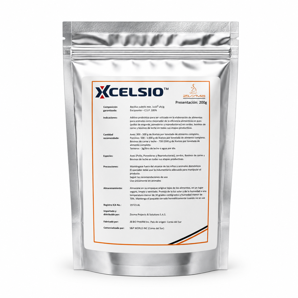 Xcelsio probiótico animal 200g Bacillus subtilis fondo blanco