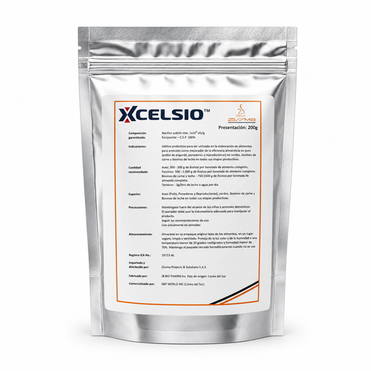 Xcelsio probiótico animal 200g Bacillus subtilis fondo blanco